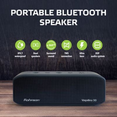 krásný moderní bezdrátový reproduktor rohnson RS-1030 VagaBoy 30 bluetooth 5.0 dosah 18 m vynikající zvuk výdrž 12 h na nabití handsfree mikrofon odolný vodě dle normy ipx7 úchyt na batoh aux in vstup slot pro microSD karty