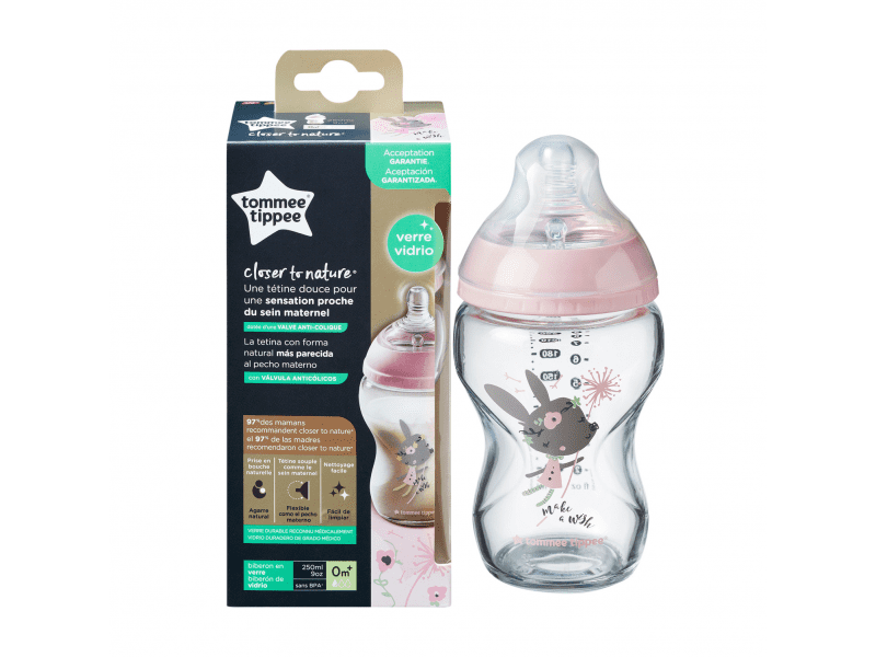 Tommee Tippee Kojenecká láhev C2N 250ml skleněná potisk Pink, 0m+