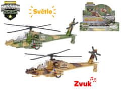 Helikoptéra vojenská 20 cm kov zpětný chod na baterie se světlem a zvukem