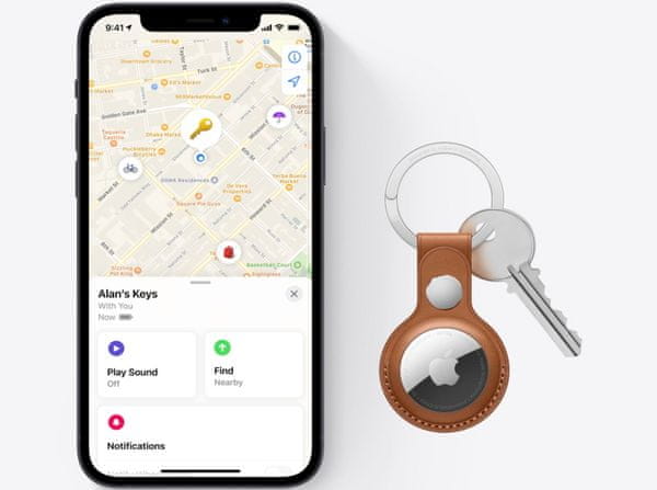 Apple AirTag lokátor helymeghatározó kis kerek korong hangjelzés Find My mobilalkalmazés adatvédelem titkosítás névtelen helymeghatározás stílusos megjelenés névtelen jel mobilalkalmazás hatótávolság IP67 vízálló porálló kulcstartó térkép a mobilalkalmazásban beépített hangszóró vonzó kulcstartó