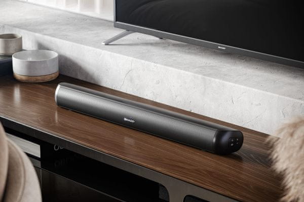  elegantní soundbar sharp ht-sb107 krásný zvuk 90w hudební výkon dálkový ovladač tlačítka na soundbaru aux in usb port hdmi arc cec digiální optický vstup ekvalizér 