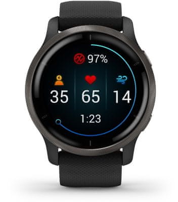 Chytré hodinky Garmin VENU 2, AMOLED displej, smart watch, pokročilé, zdravotní funkce, tep, dech, menstruační cyklus, pitný režim, metabolismus, kalorie, vzdálenosti, kroky, aktivita, odpočinek, spánek dlouhá výdrž baterie 11 dní vodotěsné 5 ATM animovaná cvičení hudební přehrávač 650 skladeb Garmin Pay bezkontaktní platby Gorilla Glass 3 sportovní aplikace silové tréninky detailní analýza spánku