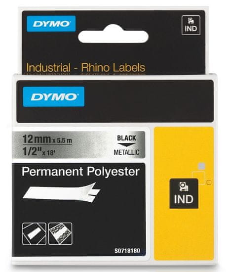 Dymo permanentní polyesterová páska RHINO D1 12 mm x 5,5 m, černá na metalické, S0718180