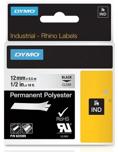 Dymo permanentní polyesterová páska RHINO D1 12 mm x 5,5 m, černá na průhledné, 622289