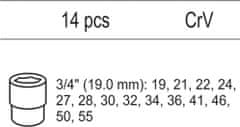 YATO Vložka do zásuvky - sada nástrčných klíčů 3/4", 19-55mm, 14ks
