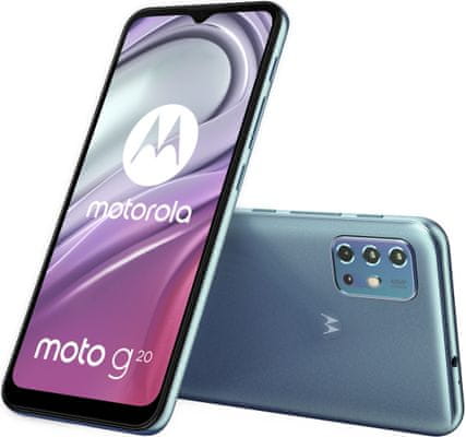 moderní mobilní dotykový telefon smartphone Motorola G20 power 10w nabíjení 5000 mah baterie 48h výdrž lte wifi Bluetooth 2 sim paměťová karta NFC platby 6,5palcový displej HD+ Max Vision displej 48mpx fotoaparát IP52 google assistant výkonný procesor kvalitní displej čtečka otisku prstů odemykání  obličejem