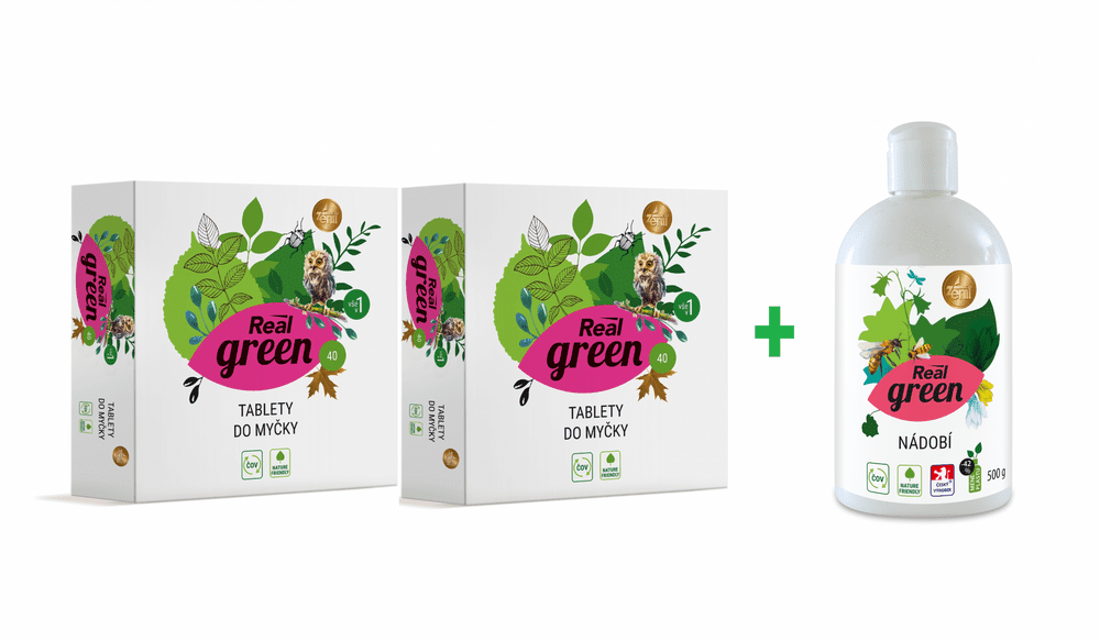 Real Green Clean tablety do myčky 2x 40 ks + Prostředek na nádobí 500 ml zdarma