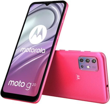 moderní mobilní dotykový telefon smartphone Motorola G20 power 10w nabíjení 5000 mah baterie 48h výdrž lte wifi Bluetooth 2 sim paměťová karta NFC platby 6,5palcový displej HD+ Max Vision displej 48mpx fotoaparát IP52 google assistant výkonný procesor kvalitní displej čtečka otisku prstů odemykání  obličejem