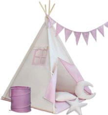 Greatstore Dětský stan teepee, růžovo/béžový, s příslušenstvím + vlajka