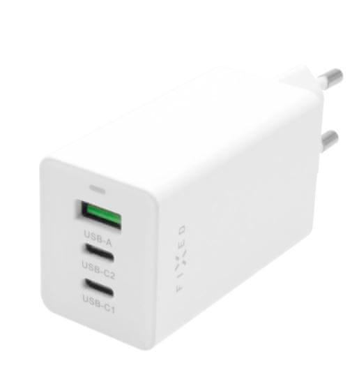 FIXED Síťová GaN nabíječka s 2× USB-C a USB výstupem, podpora PD, 65 W, bílá FIXCG65-2CU-WH