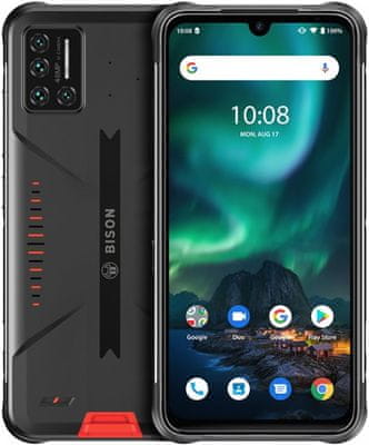 Umidigi Bison odolný telefon vysoká kapacita baterie 5000mAh, dlouhá výdrž čtyřnásobný fotoaparát 48 + 16 + 5 + 5 Mpx 24 Mpx selfie kamera NFC platby SONY fotoaparát  18W rychlonabíjení vysílačka PTT SOS tlačítko odolnost IP68 IP69K nejvyšší krytí telefonu Gorilla Glass 3 výkonný odolný telefon IPS displej MediaTek Helio P60 6GB RAM 128GB ROM velké úložiště