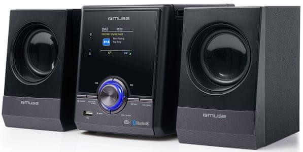 moderní mikrosystém muse m-50dbt Bluetooth aux in usb port tft displej dálkové ovládání ekvalizér kvalitní reproduktory rms výkon 30 w fm pll dab tuner