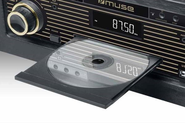  moderní retro gramofon muse MT-115W fm tuner rms 20 w reproduktory usb nahrávání i přehrávání dřevěná skříň cd mechanika Bluetooth technologie aux in 