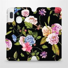 Mobiwear Flipové pouzdro na mobil Samsung Galaxy A20e - VD07S Růže a květy na černém pozadí