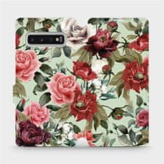 Mobiwear Flipové pouzdro na mobil Samsung Galaxy S10 Plus - MD06P Růže a květy na světle zeleném pozadí