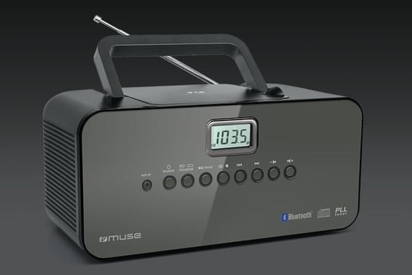  klasický rádiomagnetofón muse m-22bt cd mechanika fm tuner držadlo batérie elektrická sieť Bluetooth technológia reproduktor aux in vstup 