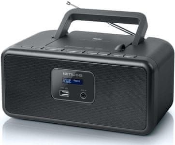 klasický radiomagnetofon muse M-32DB bluetooth cd mechanika fm tuner držadlo baterie elektrická síť usb port reproduktor aux in vstup