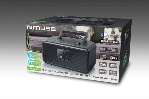  klasický rádiomagnetofón muse M-30BTN cd mechanika fm tuner držadlo batérie elektrická sieť Bluetooth technológie reproduktor aux in vstup 