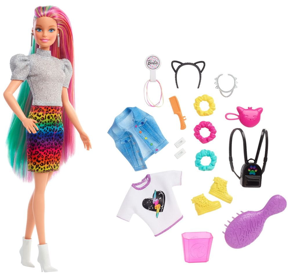 Mattel Barbie Leopardí s duhovými vlasy a doplňky