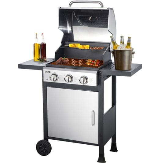 DMS Germany Multifunkční plynový BBQ gril GB-P300D-H / 3 hořáky / nerez