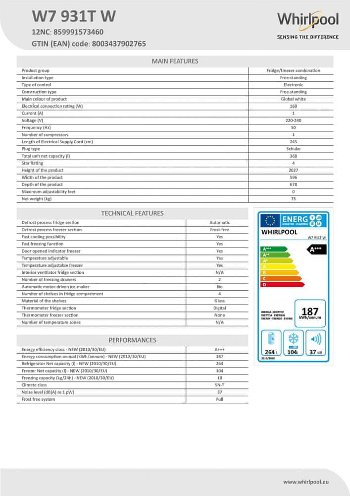 Whirlpool lednice W7 931T W + 15 let záruka na kompresor - zánovní