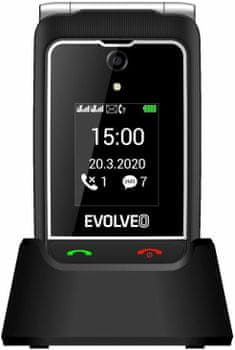 Evolveo EasyPhone FF, Dual SIM, tlačítkový telefon pro seniory pro důchodce, véčko, SOS tlačítko, velká tlačítka, dlouhá výdrž, nabíjecí stojánek VGA fotoaparát LED blesk Fm rádio slot na paměťové karty výkonná baterie sluchátkový 3,5mm jack výkonný hlasitý reproduktor TFT displej pohodlný úchop hlasité zvonění, velká tlačítka, nabíjecí stojánek