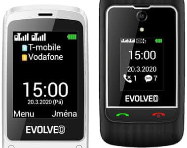 Evolveo EasyPhone FF, Dual SIM, tlačítkový telefon pro seniory pro důchodce, véčko, SOS tlačítko, velká tlačítka, dlouhá výdrž, nabíjecí stojánek VGA fotoaparát LED blesk Fm rádio slot na paměťové karty výkonná baterie sluchátkový 3,5mm jack výkonný hlasitý reproduktor TFT displej pohodlný úchop