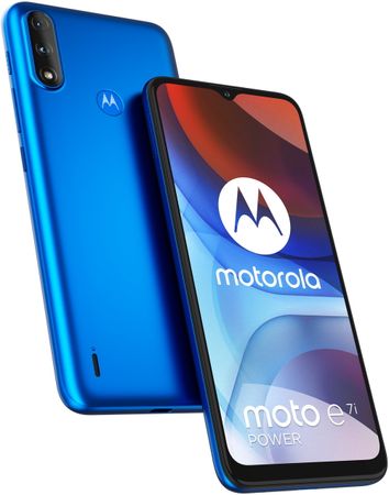 Motorola Moto E7i Power, levný dostupný telefon výkonný telefon čtečka otisků prstů, Android 10 Go, duální fotoaparát, velký HD+ displej, výkonná baterie 5000 mAh dlouhá výdrž baterie vysokokapacitní baterie makro objektiv LTE připojení LTE internet HD+ rozlišení IPS displej Max Vision Goodle Lens GPS LED blesk přední 5Mpx kamera Panorama Portrétní režim HDR kvalita