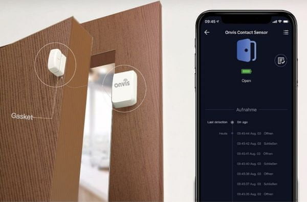 ONVIS interiérový Magnetický senzor na dveře/okna – HomeKit, BLE 5.0 Apple HomeKit  interiérový bezpečnostní alarm notifikace mobilní aplikace smart domání alarm iOS Onvis Home HomeKit režimy hlasitosti chytrá domácnost push notifikace ochrana dománosti ochrana interiéru záznam historie aktivity senzor na dveče senzor na okna Bluetooth připojení