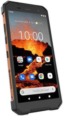 Odolný teledon myPhone Hammer Explorer Pro, odolný, vodotěsný, velká výdrž baterie, rychlé nabíjení, čtečka otisků prstů, LTE, NFC, Gorilla Glass 3 podpora eSIM Single SIM slot na microSD karty IP69 8jádrový procesor Mediatek MT6771 odemykání obličejem facekey vojenský strandard odolnosti MIL-STD-810G 5,7palcový IPS displej Full HD+ rozlišení gumocvé nárazníky vysoká odolnost výkonný fotoapát 48Mpx zadní kamera umělá inteligence OS Android 10 velké úložiště