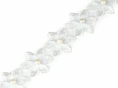 Kraftika 1m 1 off white prýmek květ s perlou na monofilu šíře 35mm