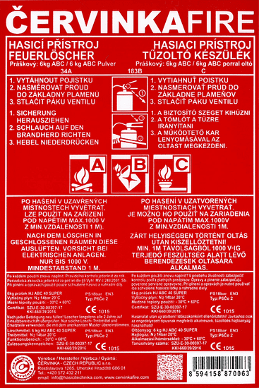 Červinka Typový štítek P6 34 A na hasicí přístroje Kód: 16520