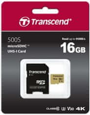 Transcend Micro SDHC 500S 16GB 95MB/s UHS-I U3 + SD adaptér (TS16GUSD500S)