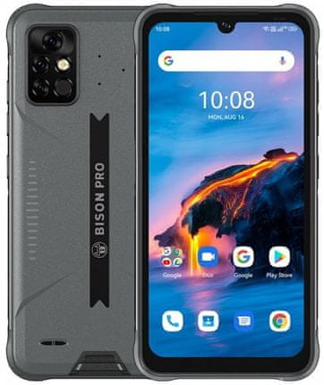 Umidigi Bison Pro odolný telefon vysoká kapacita baterie 5000mAh, dlouhá výdrž čtyřnásobný fotoaparát 48 + 16 + 5 Mpx 24 Mpx selfie kamera NFC platby SONY fotoaparát 18W rychlonabíjení vysílačka PTT SOS tlačítko odolnost IP68 IP69K MIL-STD-810G vojenský standard podvodní kamera infračervený teploměr senzory vlajkový výkon vlajkový odolňák nejvyšší krytí telefonu Gorilla Glass 3 výkonný odolný telefon IPS displej MediaTek Helio G80 8GB RAM 128GB ROM velké úložiště