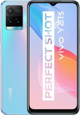 VIVO Y21s výkonný telefon luxusní výbava procesor MediaTek Helio G80 18W rychlonabíjení čtečka otisku prstů NFC trojnásobný fotoaparát 50 + 2 + 2 Mpx OS Android 11 FunTouch 11.1 IP52 přední kamera 8Mpx luxusní design elegantní výkonný telefon fotomobil 4GB RAM 128 ROM výkonná baterie dlouhá výdřž rychlý výkon