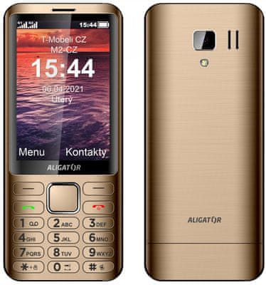 tlačítkový mobilní telefon aligator d940 dual sim fm rádio Bluetooth svítilna budík paměť pro 100 sms a 300 kontaktů barevný tft displej fotoaparát 1,3 mpx s interpolací hudební přehrávač pohodlná klávesnice sluchátka s handsfree