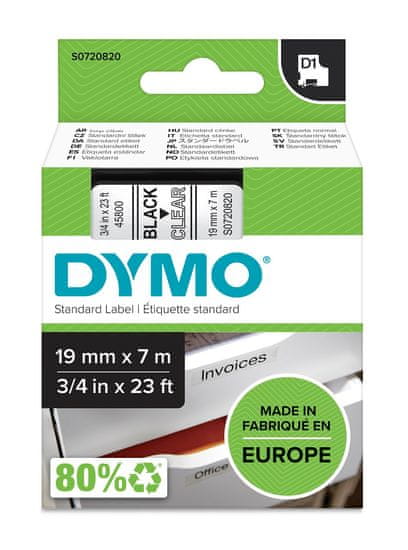 Dymo páska D1 19mm x 7m, černá na průhledné, 45800, S0720820