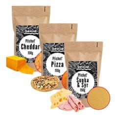 Příchutě na popcorn šunka a sýr, cheddar, pizza (3 x 150 g)