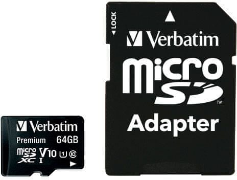 Verbatim MicroSDXC 64GB (Class 10) + SD adaptér (44084)