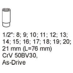 YATO Klíče nástrčné hluboké + vložka do zásuvky 14 ks 8-21mm