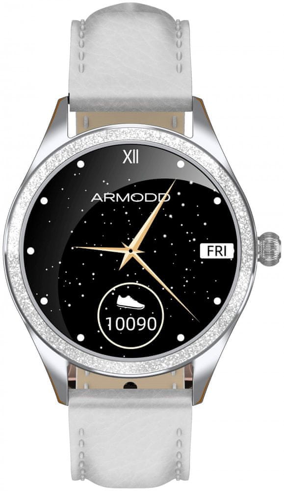 ARMODD Candywatch Crystal 2, stříbrná s bílým koženým řemínkem