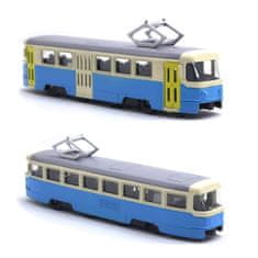 Kovová tramvaj Tatra T3, 18,5 cm, modro-krémová se zvukem a světlem