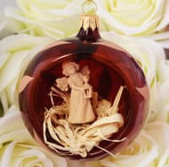 Ornatis Skleněná ručně malovaná vánoční ozdoba koule s dřevěnou vyřezávanou soškou anděla