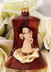 Ornatis Skleněná ručně malovaná vánoční ozdoba zvonek s dřevěnou vyřezávanou soškou anděla