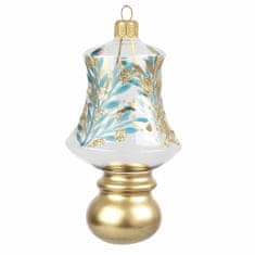 Decor By Glassor Vánoční ozdoba volný tvar zvonek s kouličkou dekor modré a bronzové větvičky