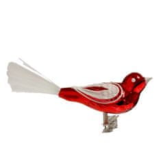 Decor By Glassor Skleněný ptáček červený s bílým dekorem