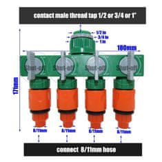 MXM 4-cestný rozdělovač pro zahradní hadice + 4x rychlospojka + 8x redukce