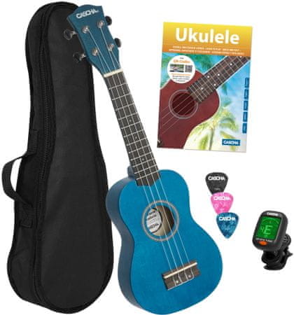 akustické sopránové ukulele Cascha 12 pražců lípa wpc materiál otevřená ladicí mechanika obal trsátka ladička škola hry na ukulele pro začátečníky