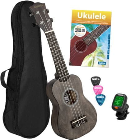 akustické sopránové ukulele Cascha 12 pražců lípa wpc materiál otevřená ladicí mechanika obal trsátka ladička škola hry na ukulele pro začátečníky