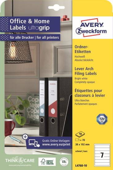 Avery Zweckform Etikety na pořadače L4760-10 | 38x192 mm, 10xA4, 70 ks, bílá